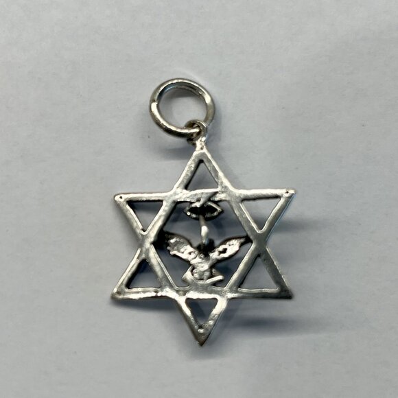 VTG SILVER METAL JEWISH HEBREW STAR OF DAVID NECKLACE PENDANT W/DOVE FOR PEACE - Picture 2 of 4